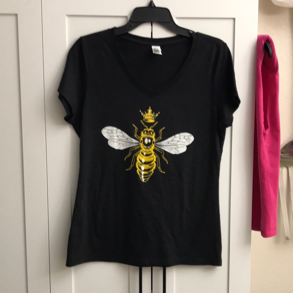Black V-Neck Women's Tee with Yellow Bee Graphic
